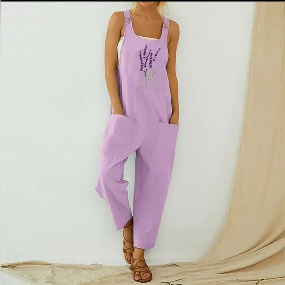 Wide Leg Cotton Jumpsuit with Lavender Embroidery 🪻 - Picture 1 of 8